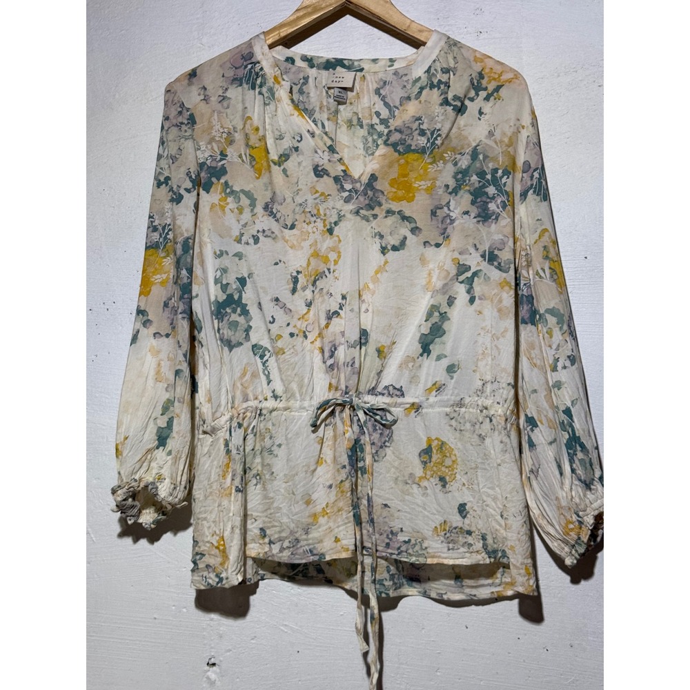 A New Day Womens Floral Peasant Blouse XL Cream Yellow Cotton Rayon Boho Top